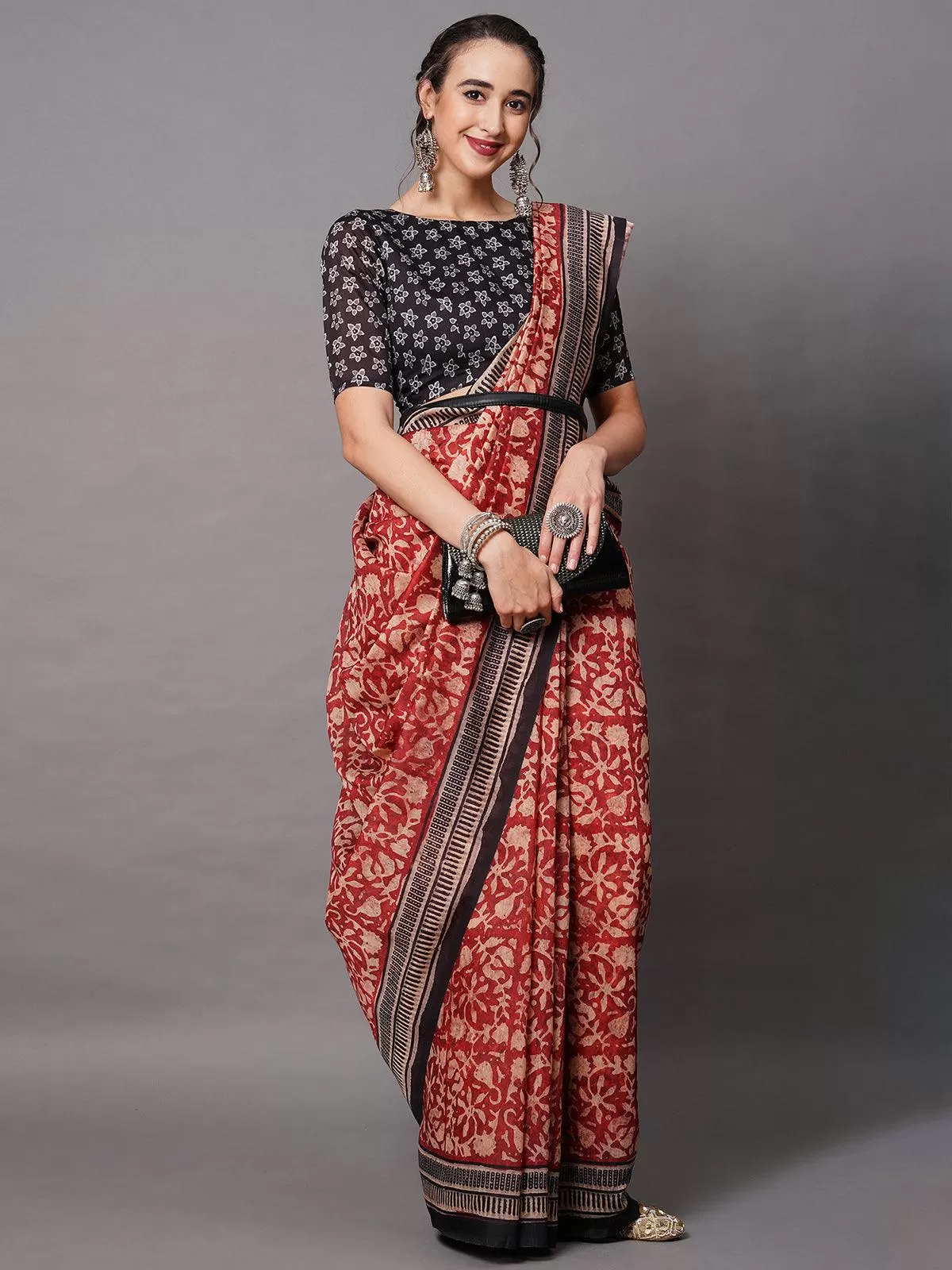 Odette Women Rust Festive Bhagalpuri Silk Printed Saree With Unstitched Blouse