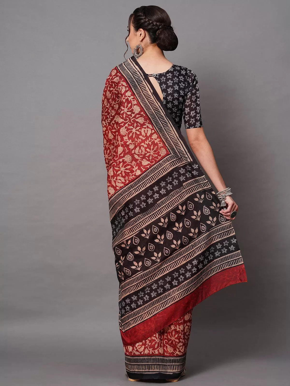 Odette Women Rust Festive Bhagalpuri Silk Printed Saree With Unstitched Blouse