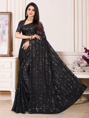 Odette Women Sparkling Black Sequins Saree With Unstitched Blouse