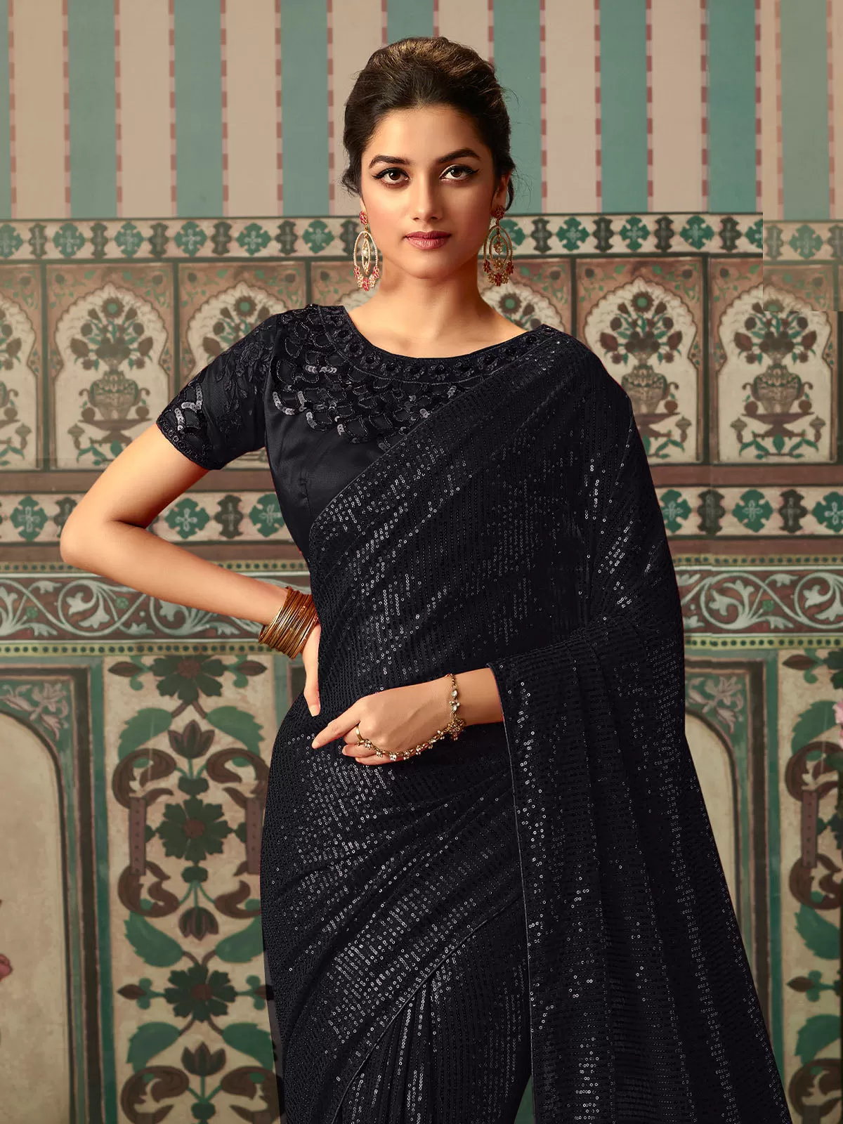 Odette Women Sparkling Black Sequins Saree With Unstitched Blouse