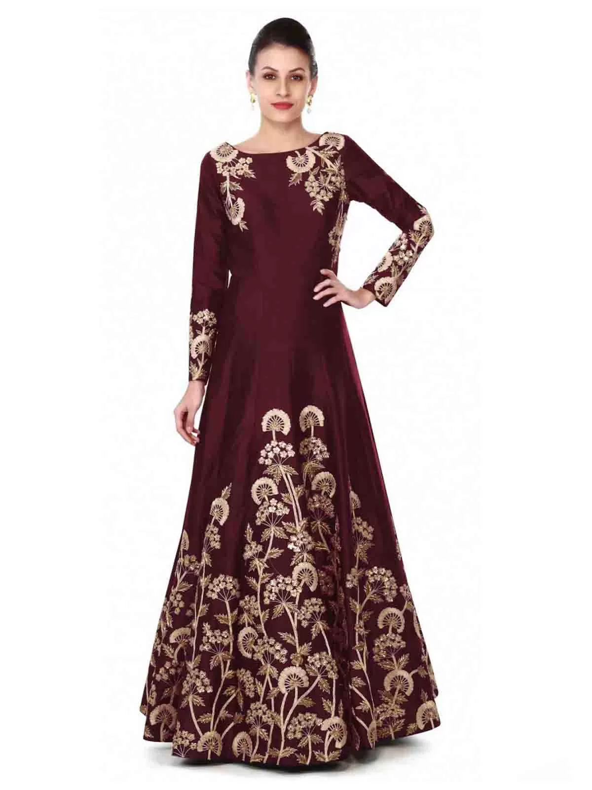 Odette Women Stunning Tafetta Silk Maroon Semi Stitched Gown