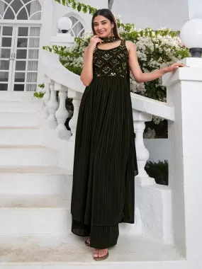 Odette Women Stylish Embroidered Olive Georgette Semi Stitched Gown