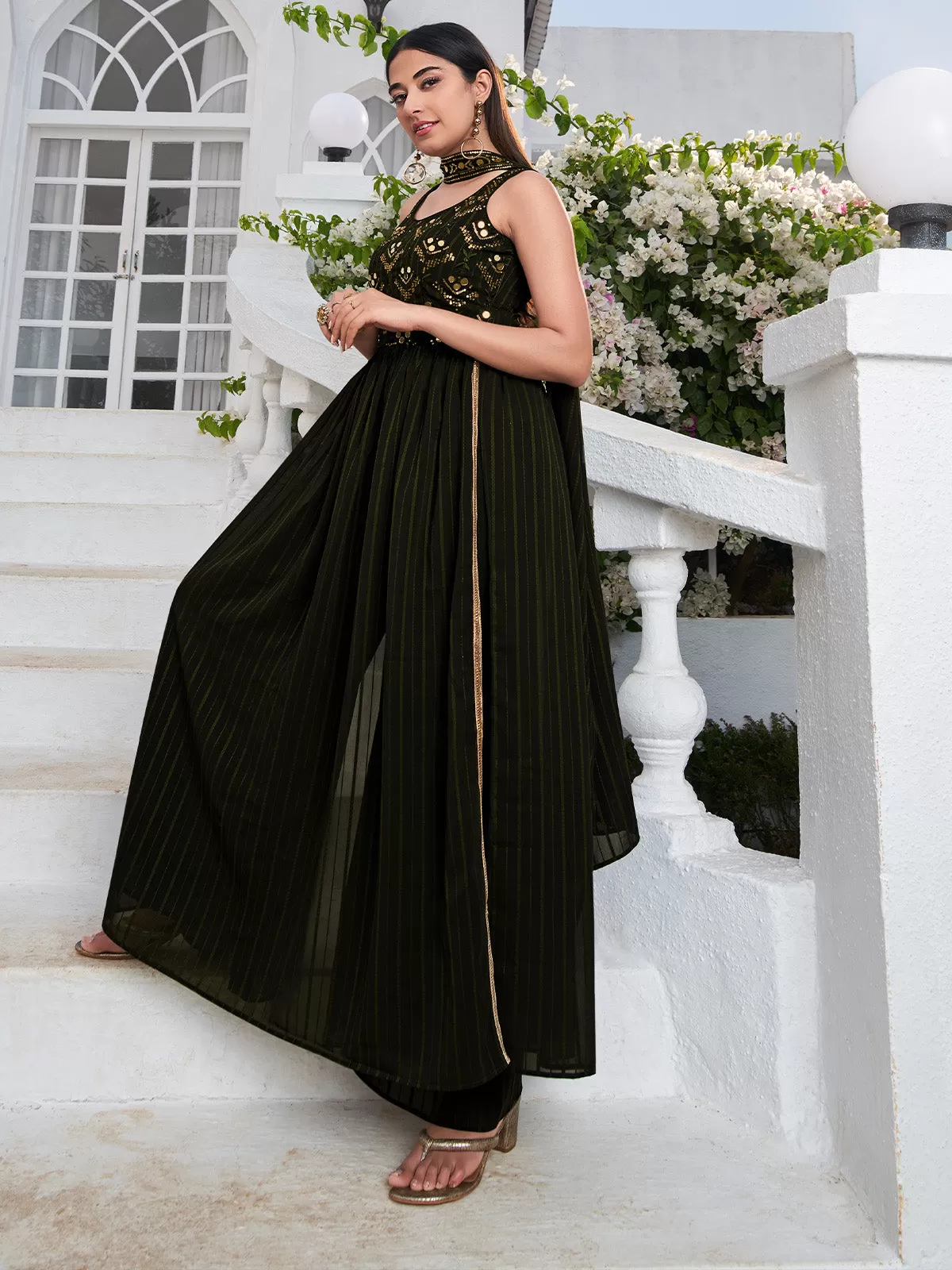 Odette Women Stylish Embroidered Olive Georgette Semi Stitched Gown