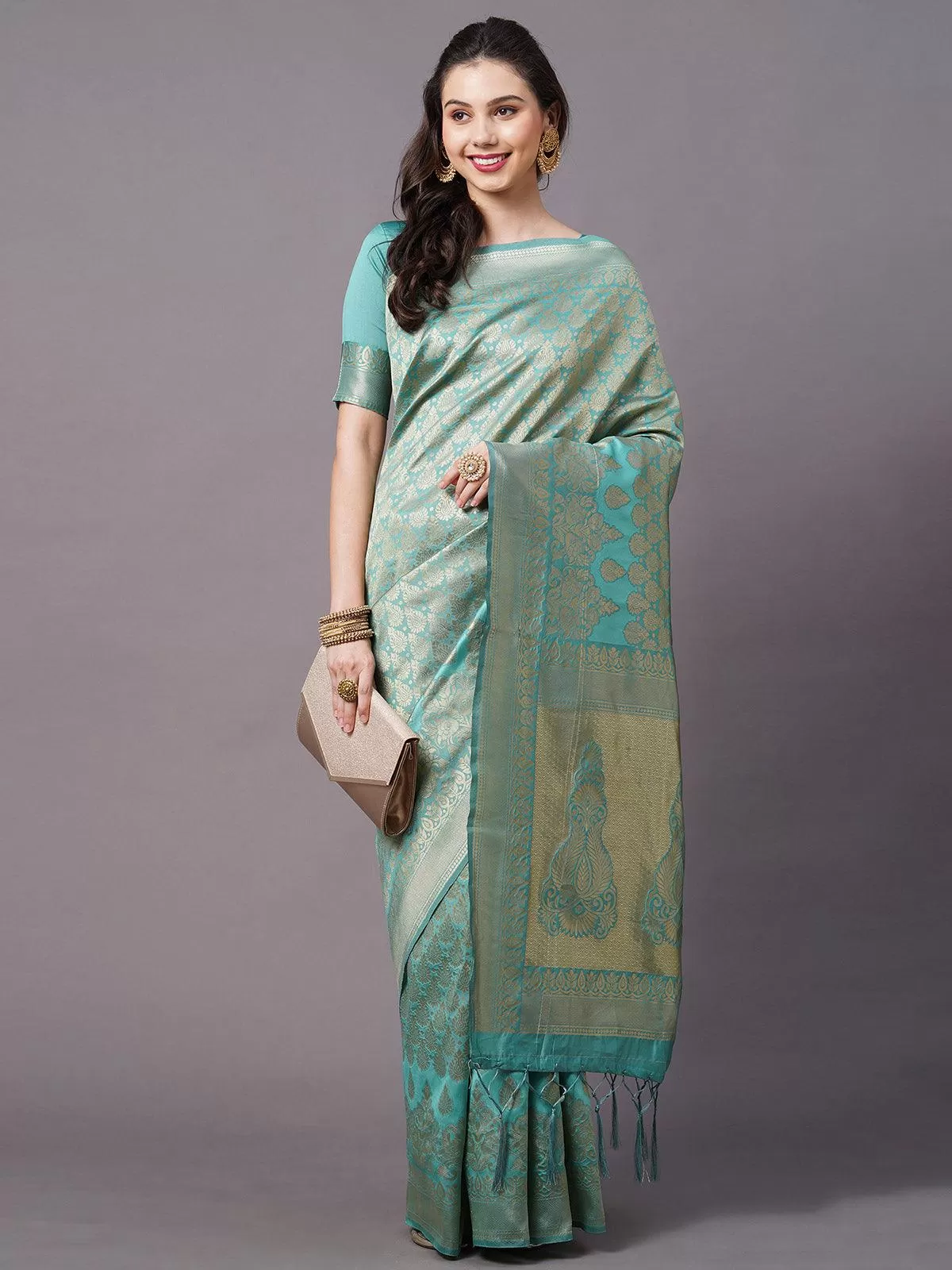 Odette Women Teal Blue Festive Silk Blend Woven Design Saree With Unstitched Blouse