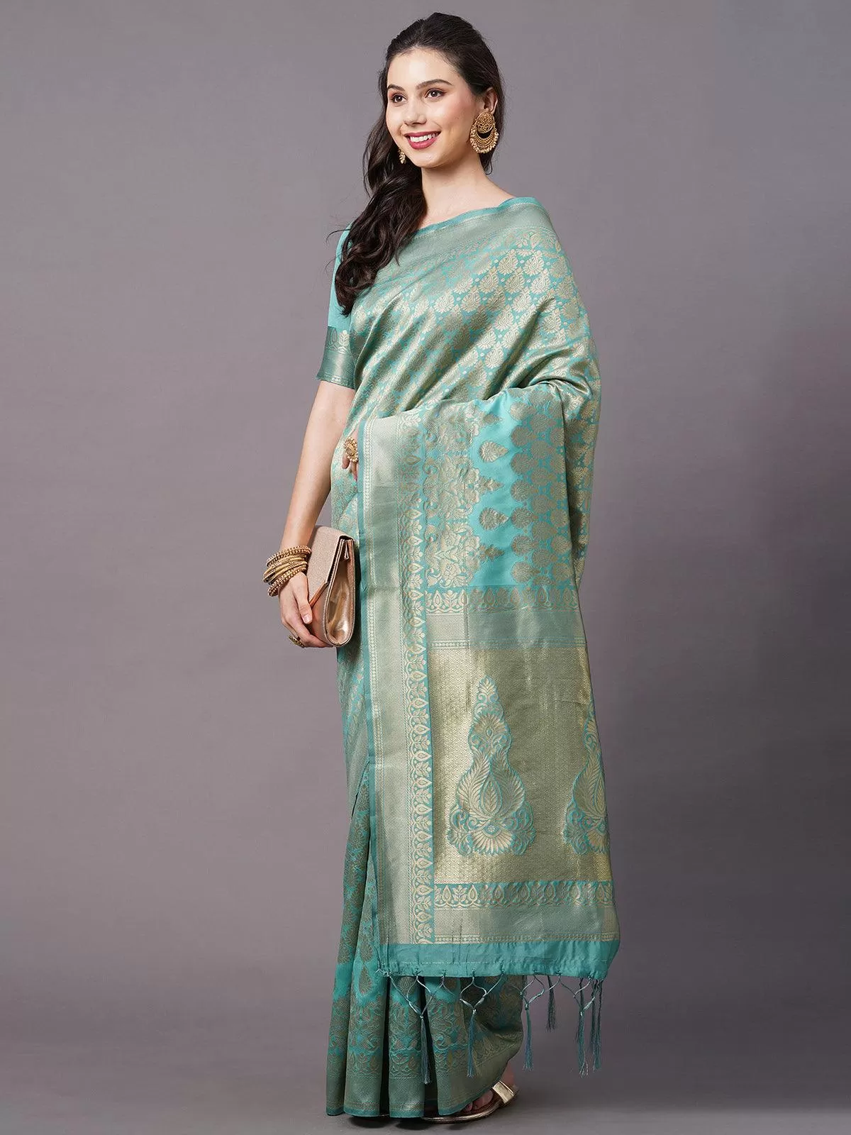 Odette Women Teal Blue Festive Silk Blend Woven Design Saree With Unstitched Blouse