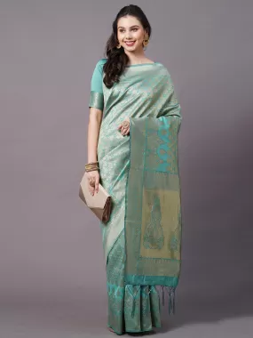 Odette Women Teal Blue Festive Silk Blend Woven Design Saree With Unstitched Blouse