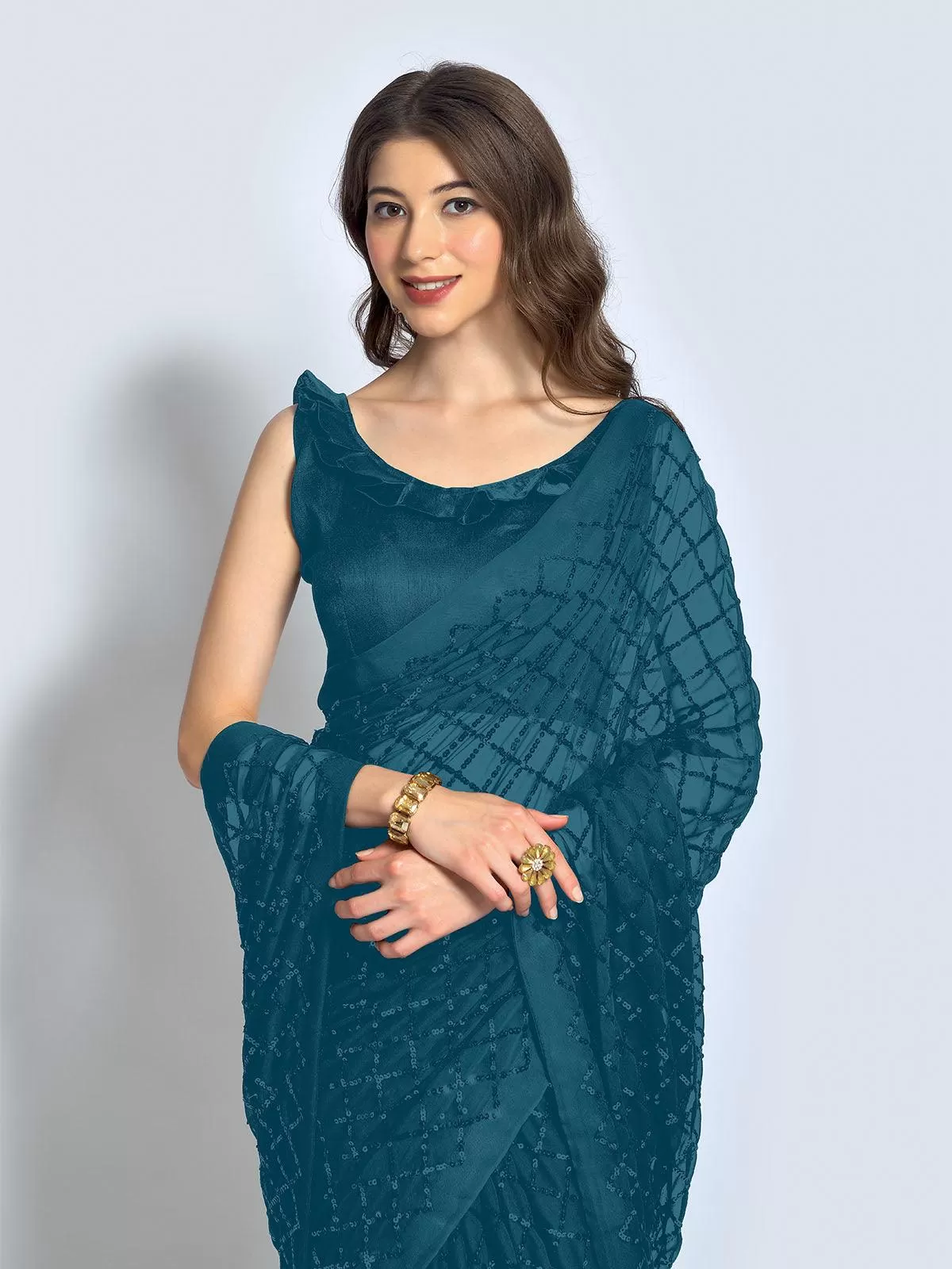 Odette Women Teal Designer Sequins Saree With Unstitched Blouse