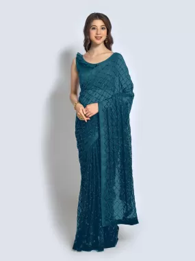 Odette Women Teal Designer Sequins Saree With Unstitched Blouse