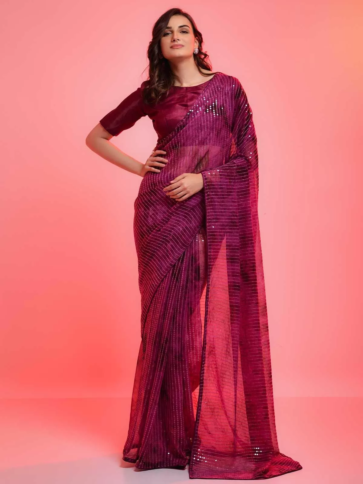 Odette Women Voilet Chiffon With Sequence Work Sequence Saree With Unstitched Blouse