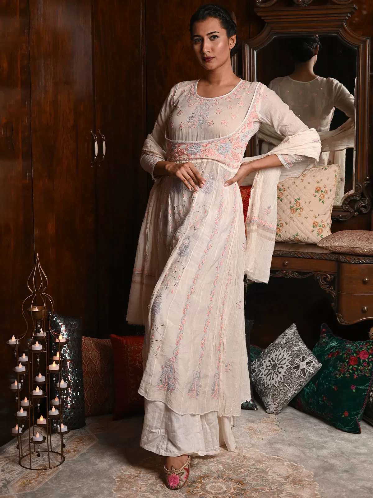 Odette Women White Cotton Mulmul Chikankari Mukaish Work Embroidered Unstitched Kurta Set