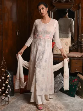 Odette Women White Cotton Mulmul Chikankari Mukaish Work Embroidered Unstitched Kurta Set