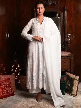 Odette Women White Georgette Chikankari Beads Embroidered Unstitched Kurta Set