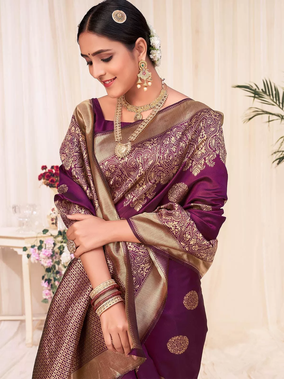 Odette Women Woven Violet Colored Banarasi Silk Saree With Unstitched Blouse