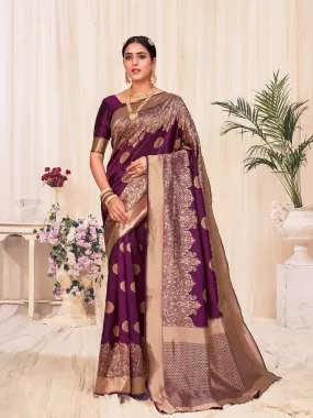 Odette Women Woven Violet Colored Banarasi Silk Saree With Unstitched Blouse