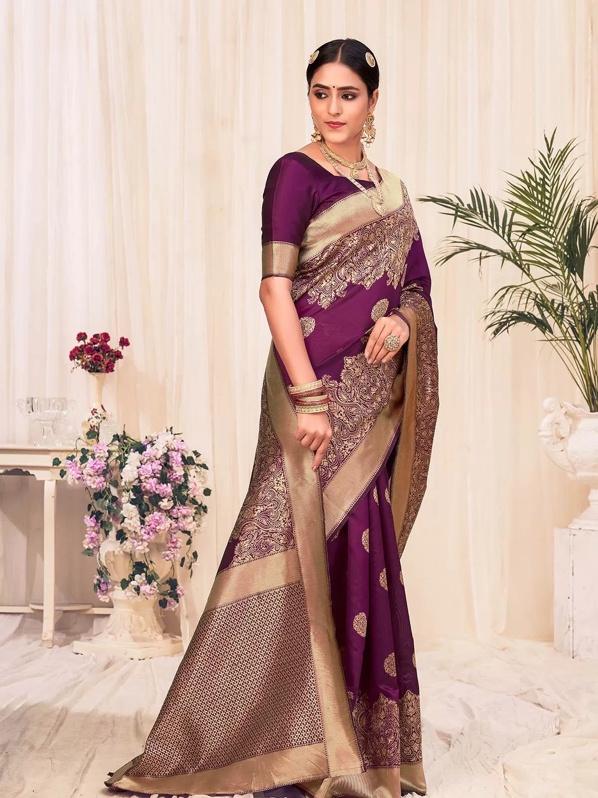 Odette Women Woven Violet Colored Banarasi Silk Saree With Unstitched Blouse