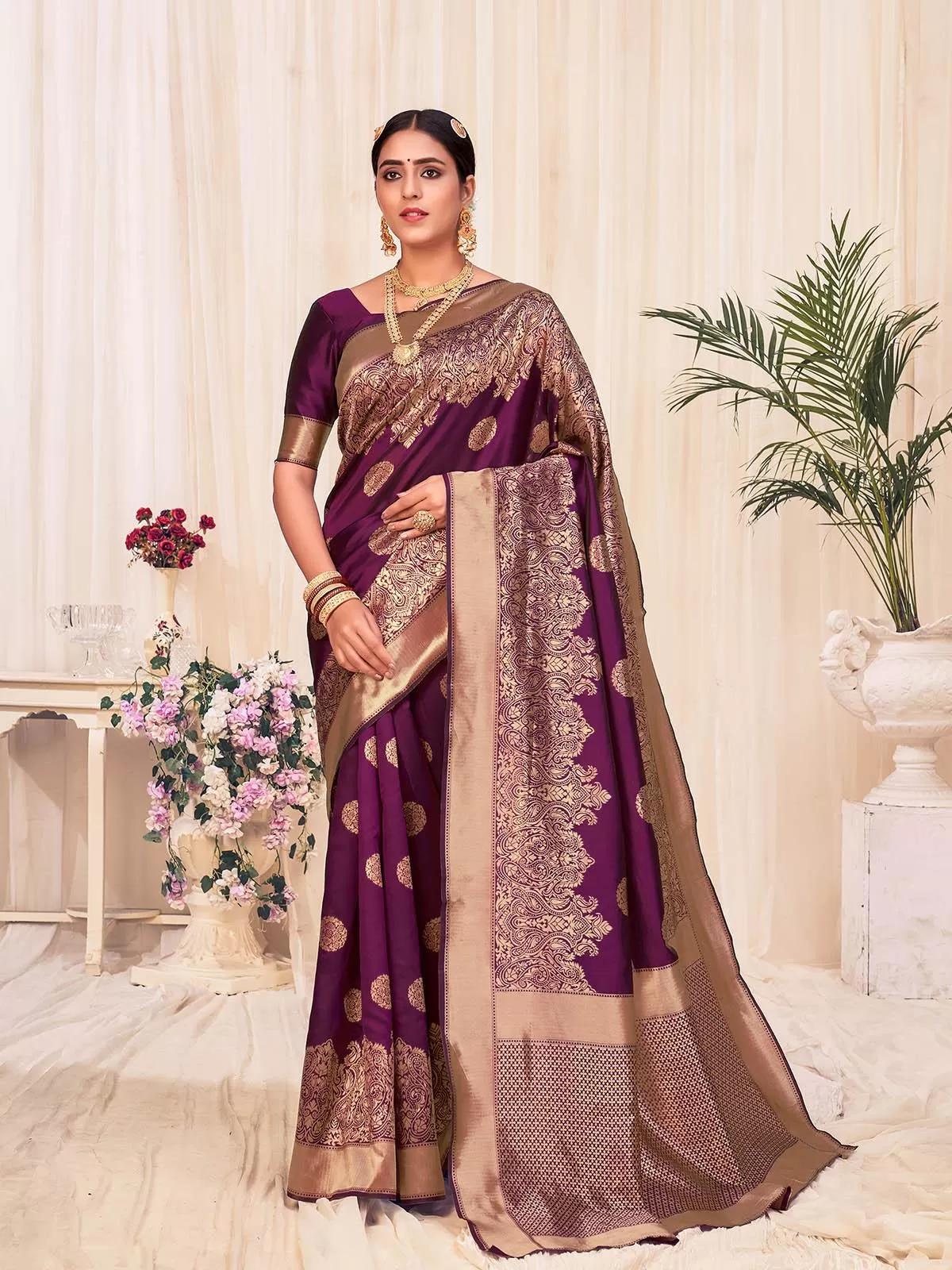 Odette Women Woven Violet Colored Banarasi Silk Saree With Unstitched Blouse