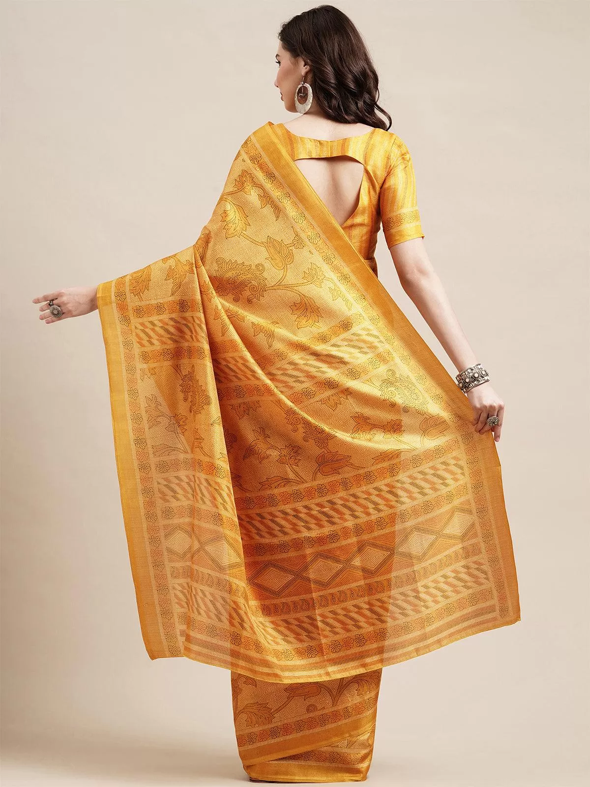 Odette Women Yellow Casual Bhagalpuri Silk Printed Saree With Unstitched Blouse