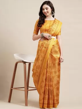 Odette Women Yellow Casual Bhagalpuri Silk Printed Saree With Unstitched Blouse