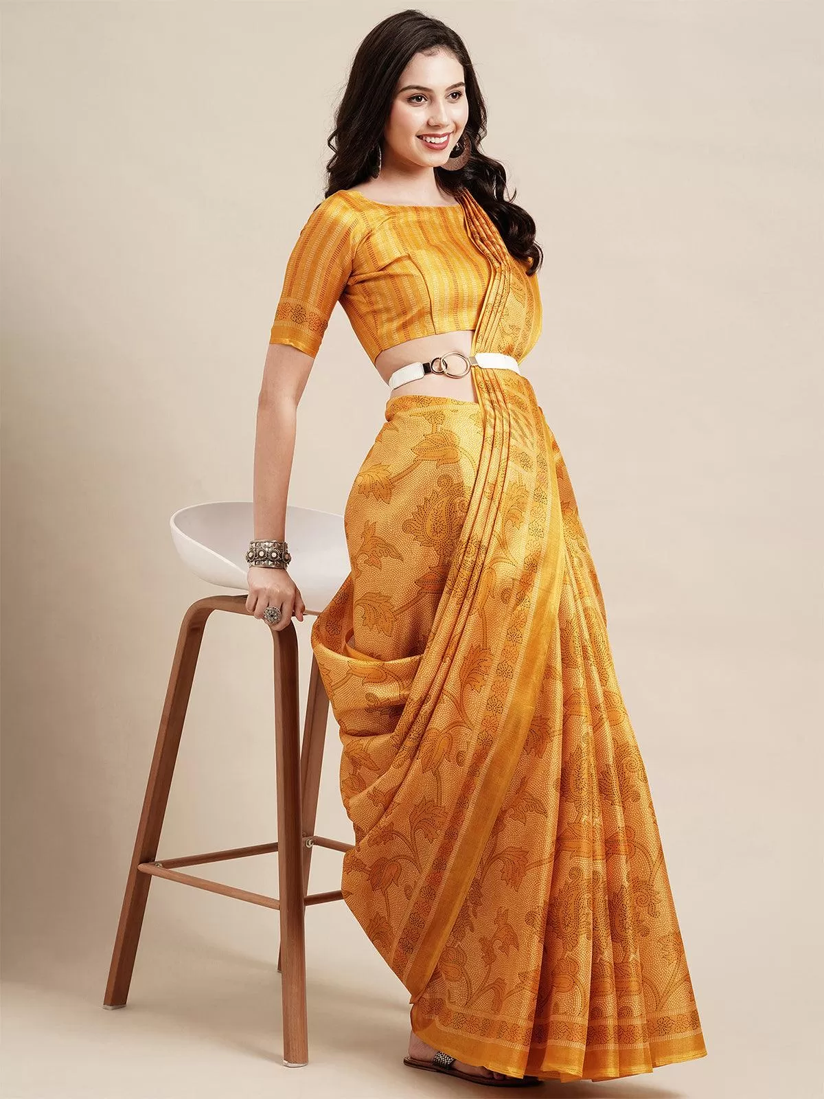 Odette Women Yellow Casual Bhagalpuri Silk Printed Saree With Unstitched Blouse