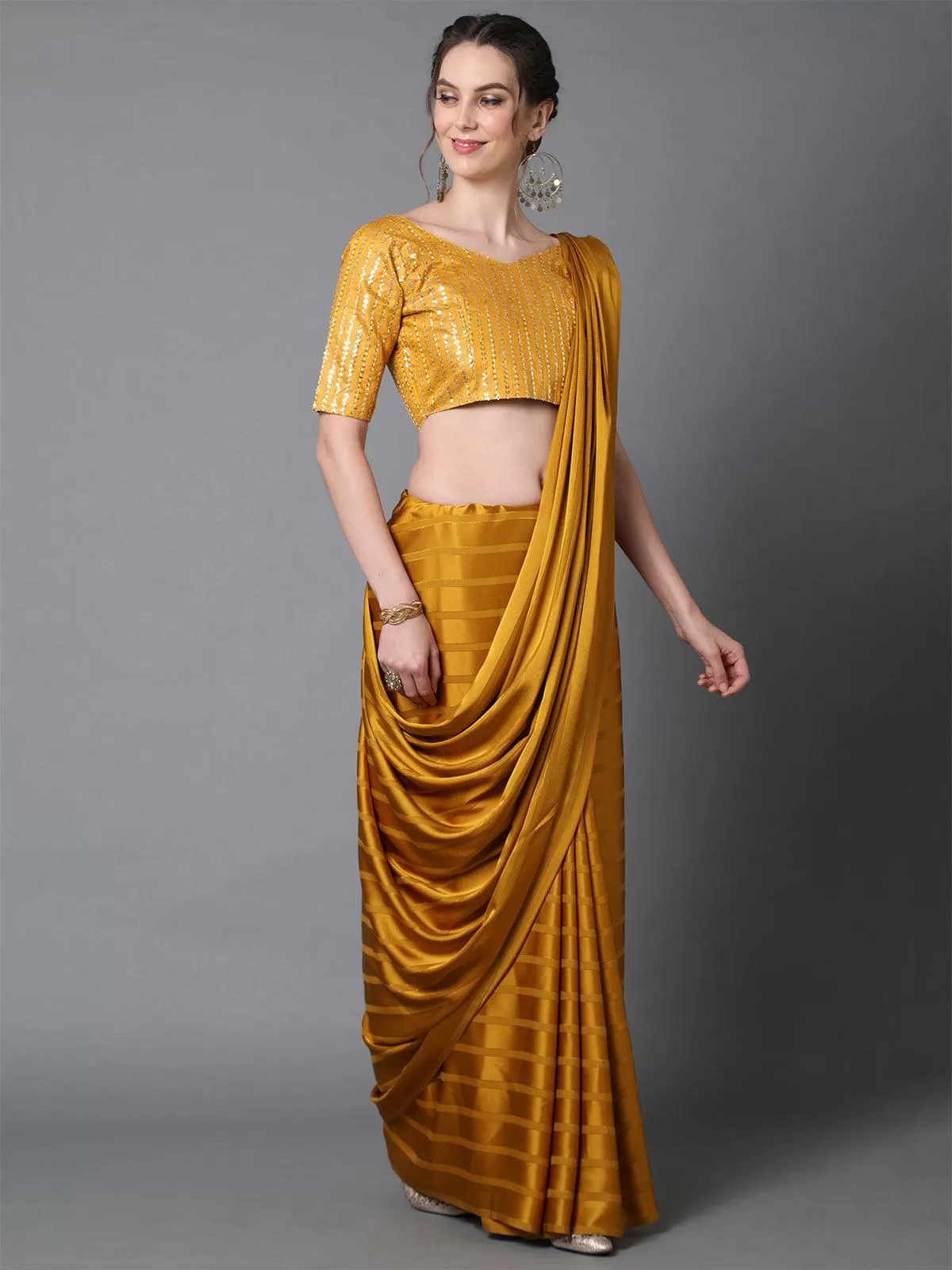 Odette Women Yellow Casual Georgette And Satin Solid Saree With Unstitched Blouse