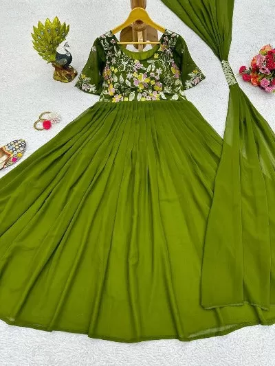 Olive Green Designer Georgette Anarkali Gown With Dupatta 2Pc