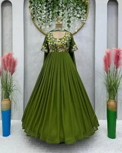 Olive Green Designer Georgette Anarkali Gown With Dupatta 2Pc