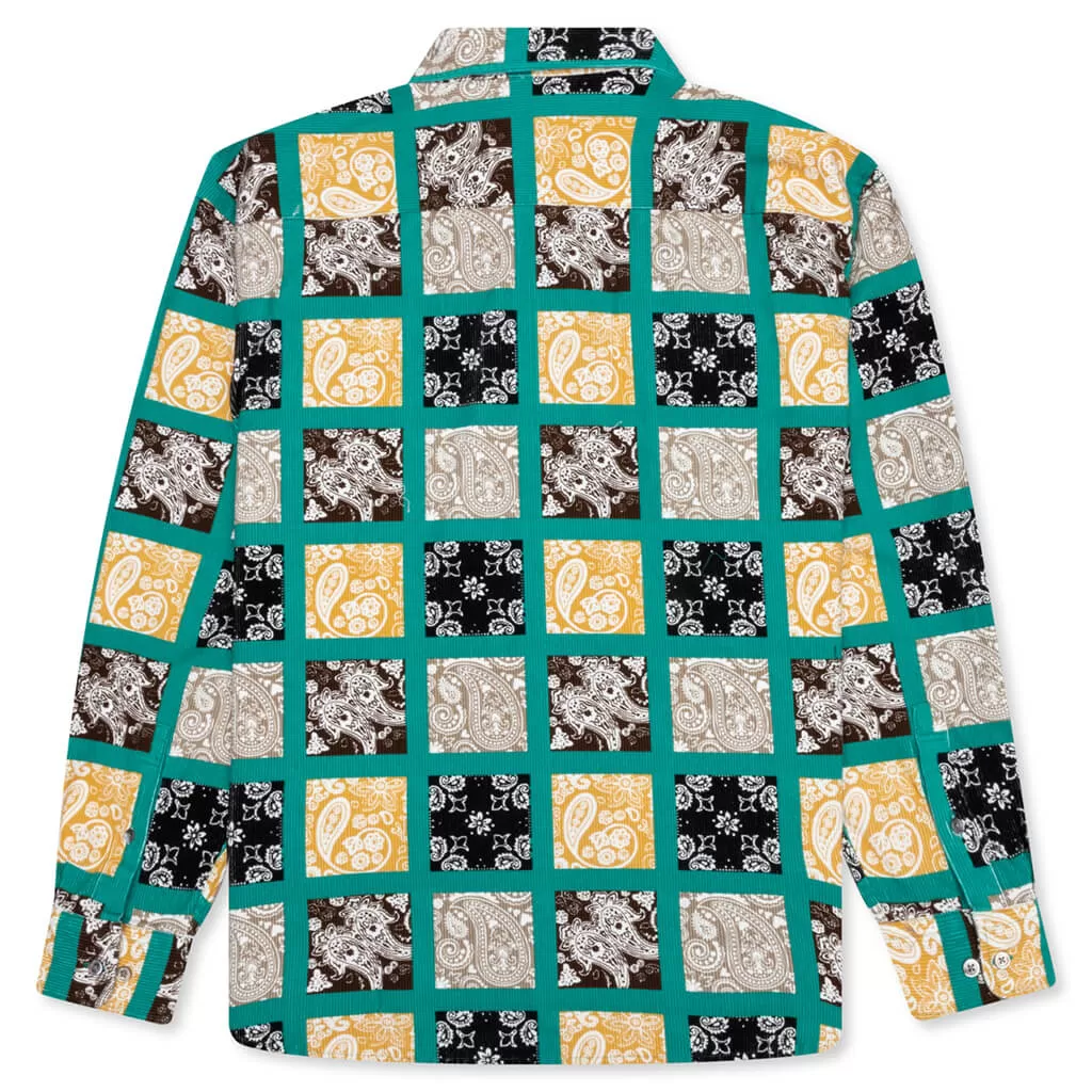 Paisley Printed Corduroy Zip-Up Shirt - Teal/Multi