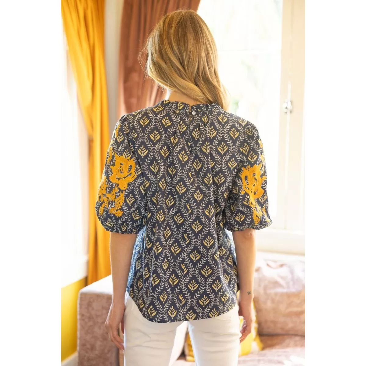 Palmer Embroidered Puff Sleeve Printed VOY Top