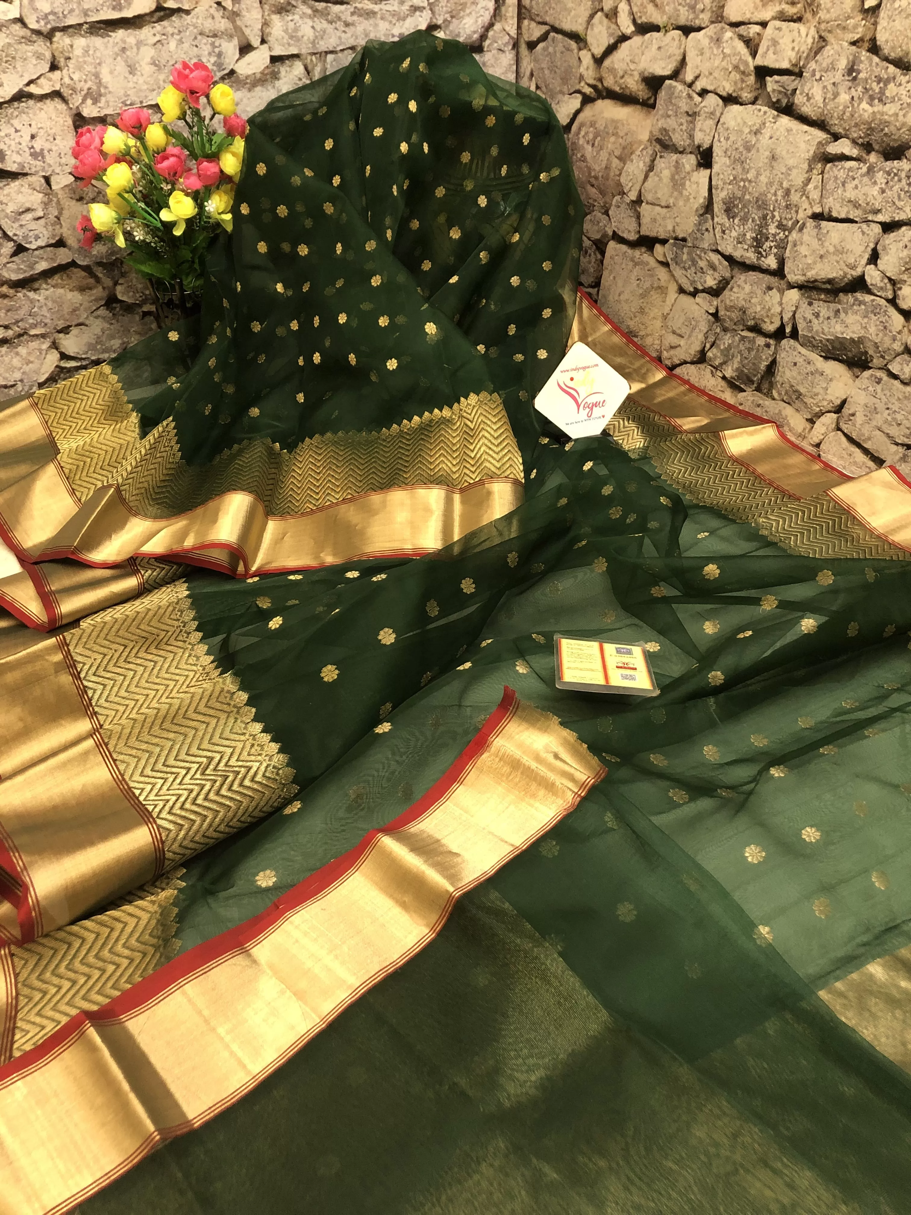 Pine Green Color Chanderi Banarasi Silk Saree