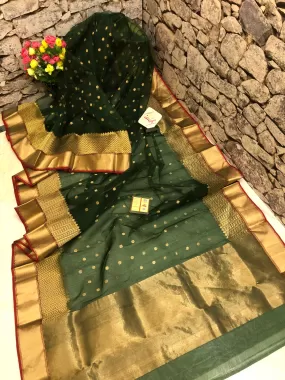 Pine Green Color Chanderi Banarasi Silk Saree