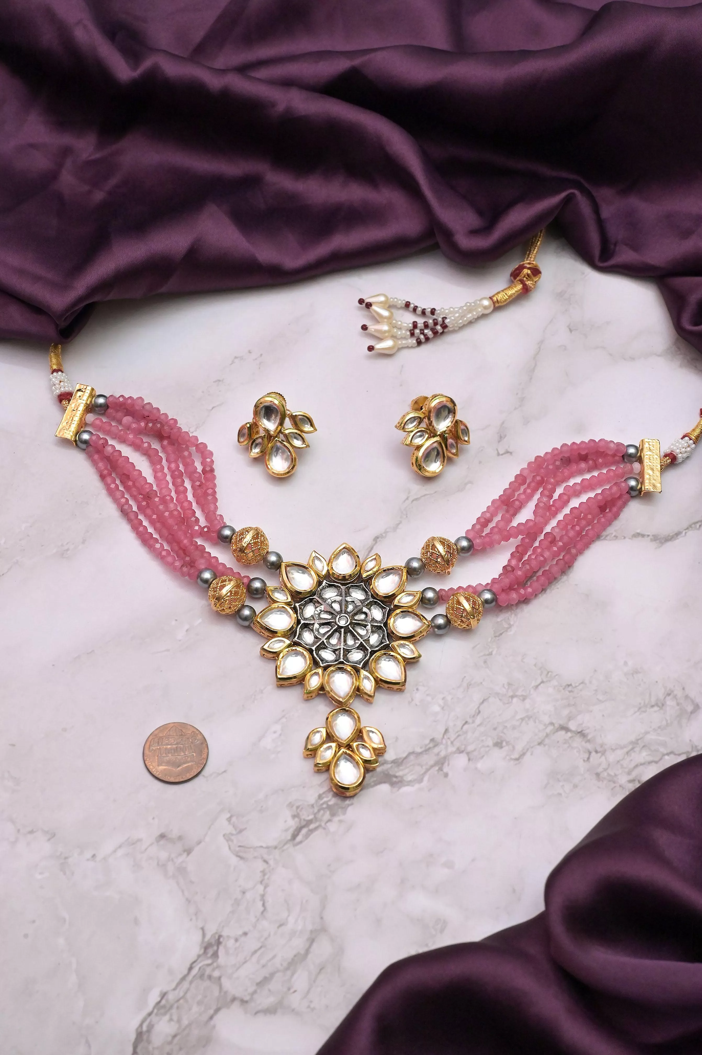 Pink Color Pure Kundan Embossed Choker Necklace Set with Backside Meena Work