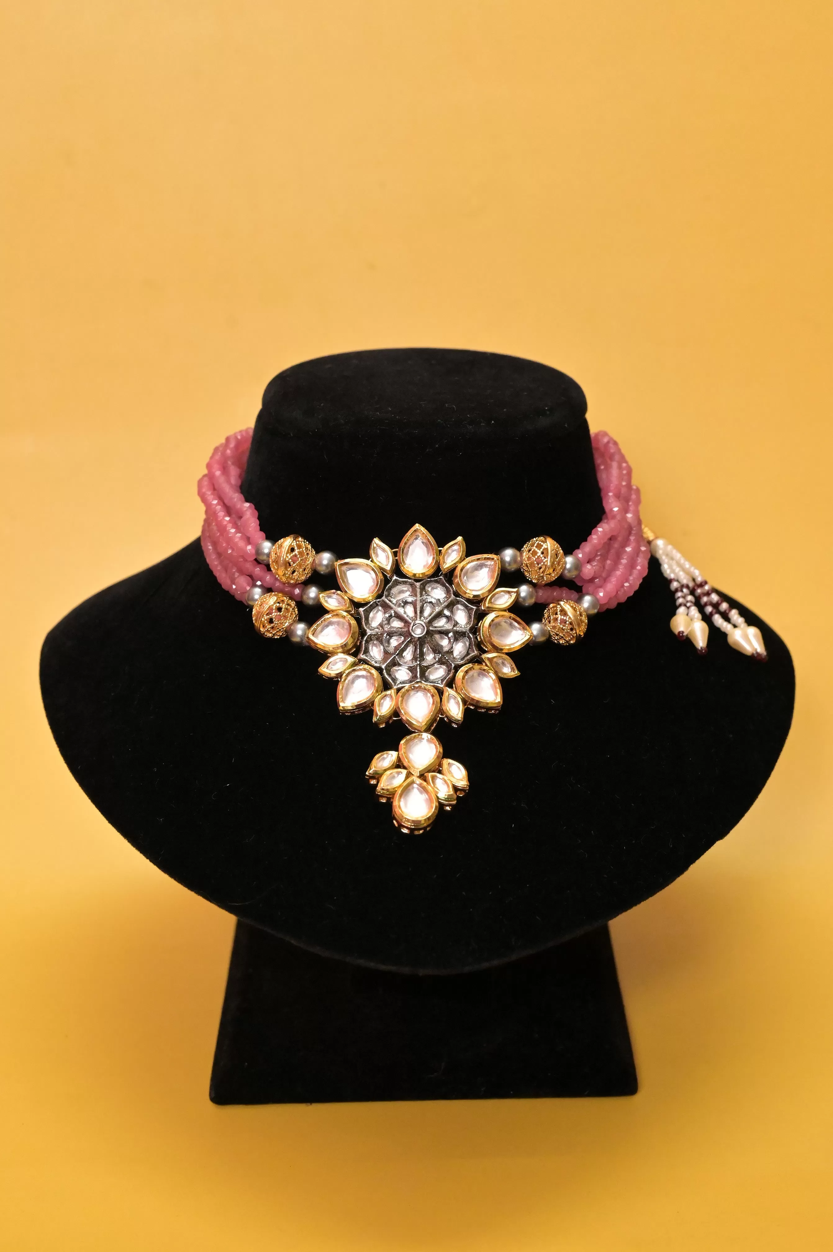 Pink Color Pure Kundan Embossed Choker Necklace Set with Backside Meena Work