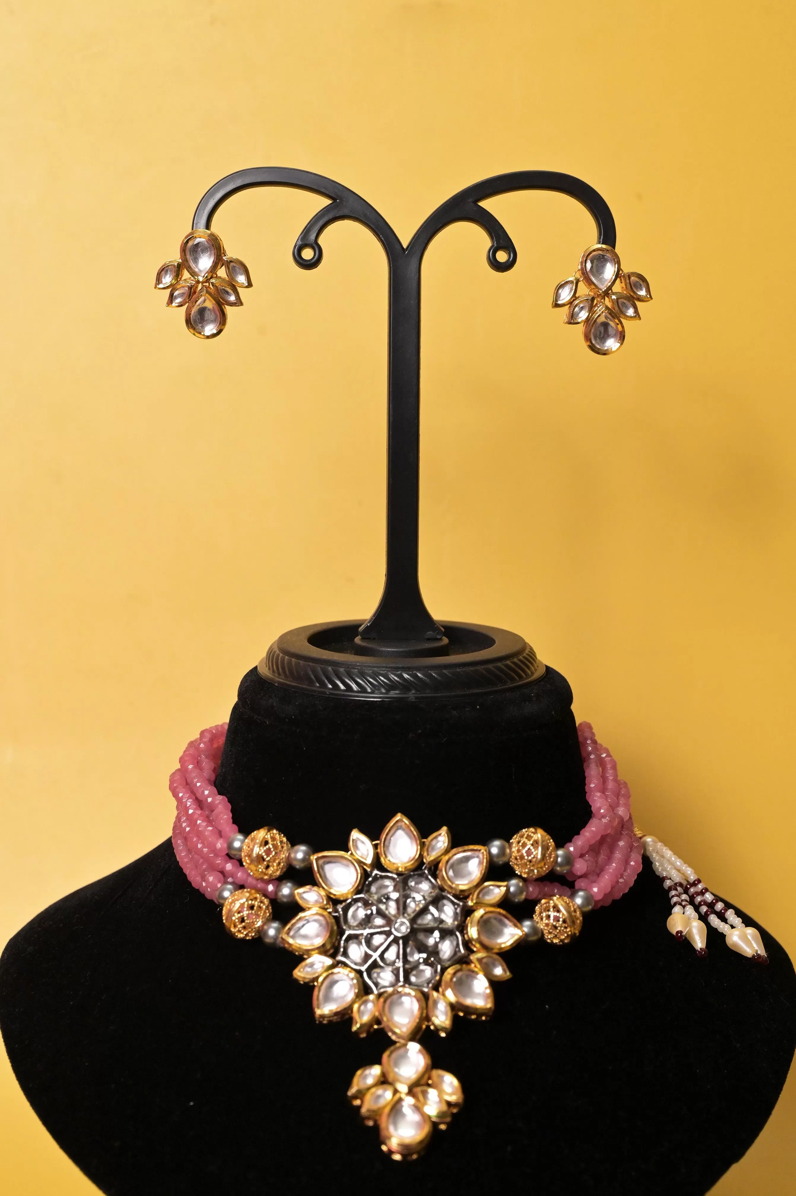 Pink Color Pure Kundan Embossed Choker Necklace Set with Backside Meena Work