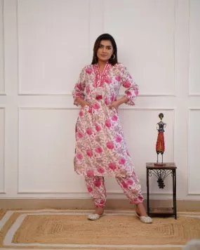 Pink Floral Print Cotton Afghani Style Kurti Pant Set Of 2