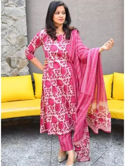 Pink Hand Block Print Kurti, Pant and Dupatta (Set of 3)