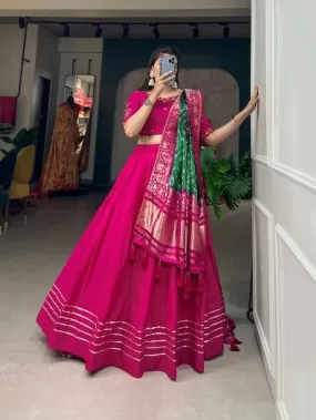 Pink Pure Cotton Stitched Lehenga Choli With Unstitched Blouse