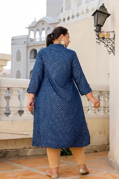 Plus Size Blue Front Slit Princess Cut 'A' Line Kurti