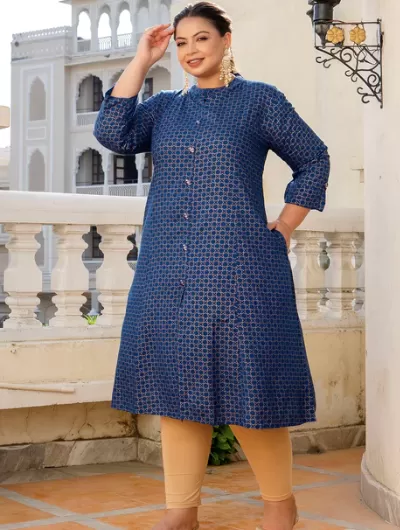 Plus Size Blue Front Slit Princess Cut 'A' Line Kurti