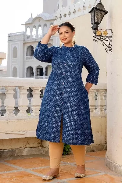 Plus Size Blue Front Slit Princess Cut 'A' Line Kurti