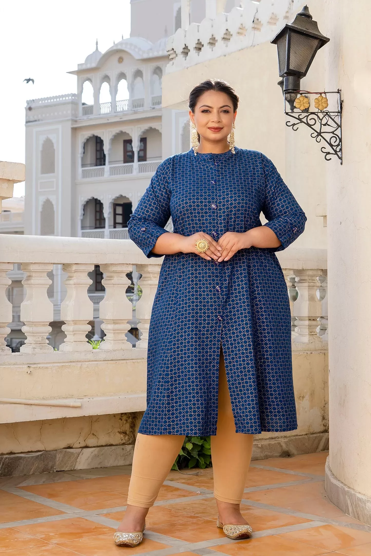 Plus Size Blue Front Slit Princess Cut 'A' Line Kurti