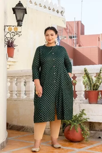 Plus Size Green Front Slit Princess Cut 'A' Line Kurti