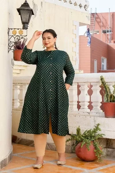 Plus Size Green Front Slit Princess Cut 'A' Line Kurti