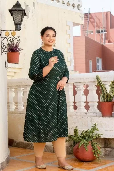 Plus Size Green Front Slit Princess Cut 'A' Line Kurti