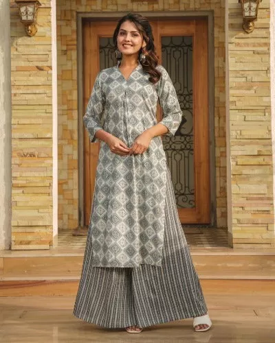 Plus Size Grey Rayon Digital Print Kurti Pant Set Of 2