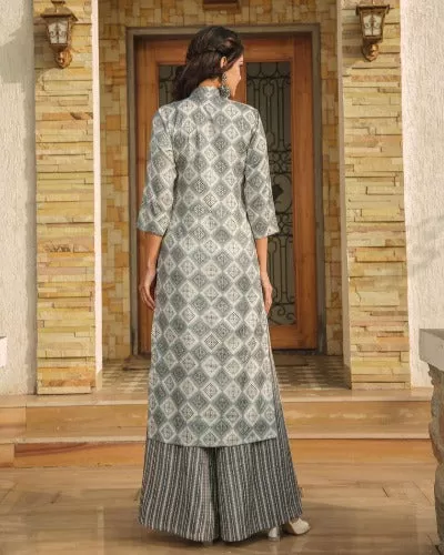 Plus Size Grey Rayon Digital Print Kurti Pant Set Of 2