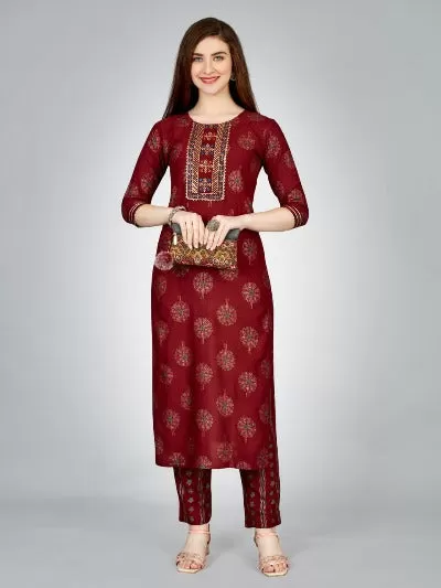 Plus Size Maroon Rayon Foil Print Kurti Pant Set Of 2