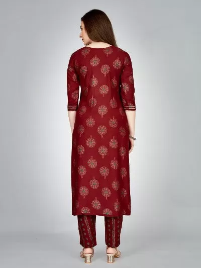 Plus Size Maroon Rayon Foil Print Kurti Pant Set Of 2