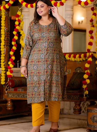 Plus Size Multicolor Front Slit Straight Kurti