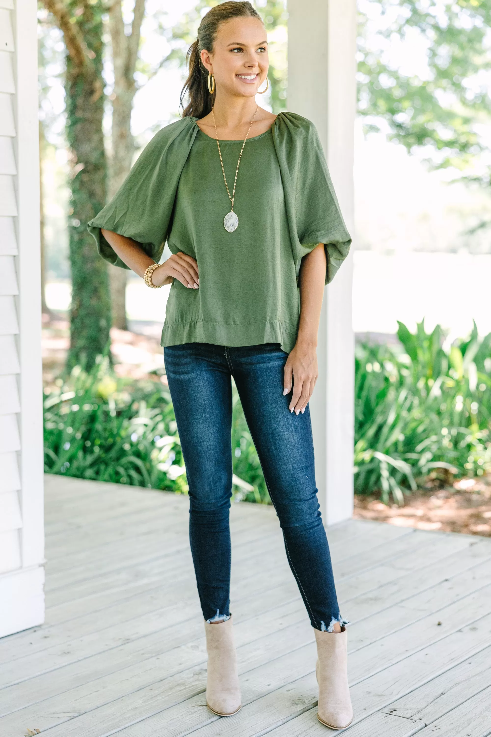 Point It Out Olive Green Satin Blouse