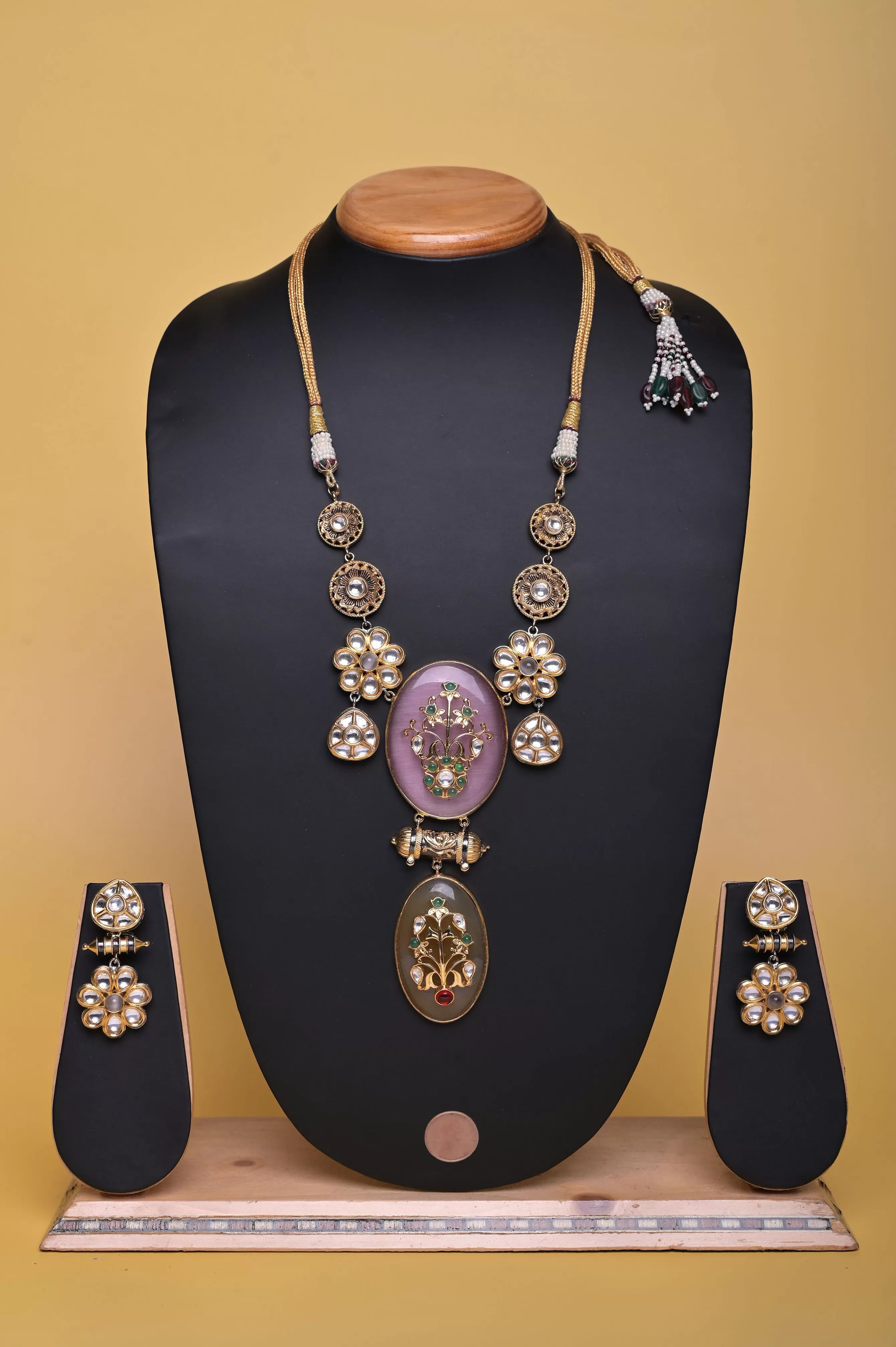 Princess Style Monalisa Stone and Kundan Work Necklace Set with Meenakari Work